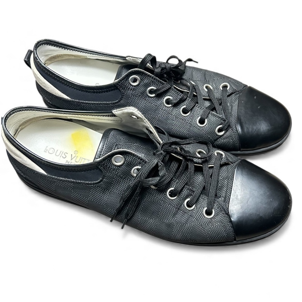Louis Vuitton Graphite Damier Nylon|Black Leather Cap Toe Sneakers Size 7.5 Mens - Picture 6 of 12